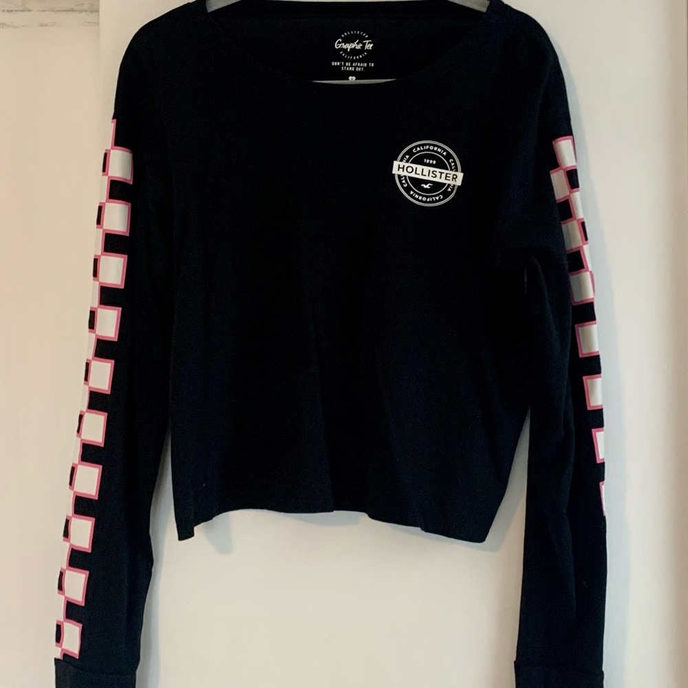Hollister black long sleeve shirt, pink and white checked sleeves, medium